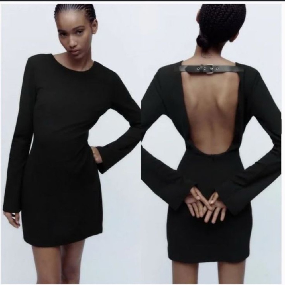 Zara Black Long Sleeve Open-Back Dress